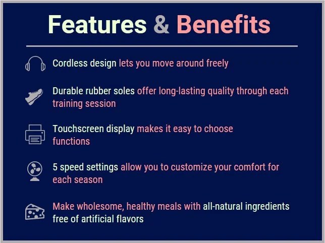 Graphic that displays icons representing different product types with features in yellow text and benefits in pink text Graphic that displays icons representing different product types with features in yellow text and benefits in pink text