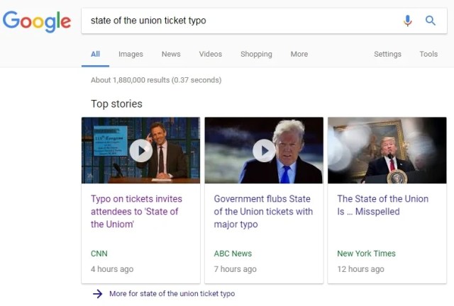 Screenshot of Google search results for state of the union ticket typo Screenshot of Google search results for state of the union ticket typo