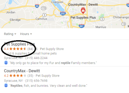 Screenshot of a localized Google search result with a company's average review rating circled