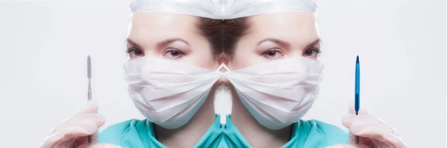 Mirror image of a doctor with a scalpel on one side and a pen on the other Mirror image of a doctor with a scalpel on one side and a pen on the other