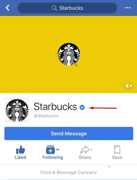Screenshot of Starbucks' Facebook page with an arrow pointing to their verification mark