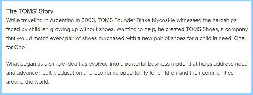 Screenshot of TOMS brand story