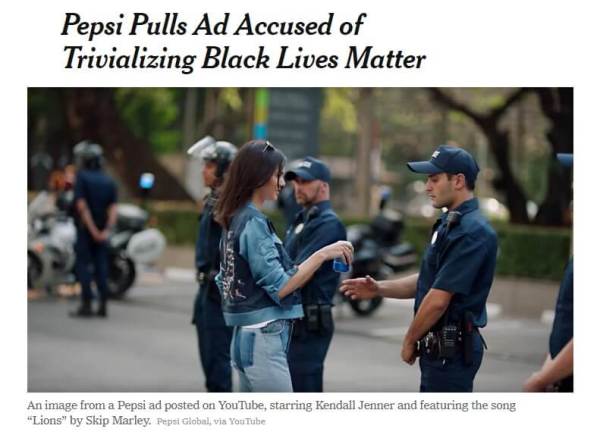 Screenshot of the New York Times article headline and image about Pepsi's controversial Kendall Jenner TV ad
