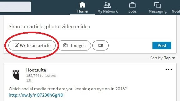shot of a LinkedIn homepage with a red circle around the write an article button shot of a LinkedIn homepage with a red circle around the write an article button